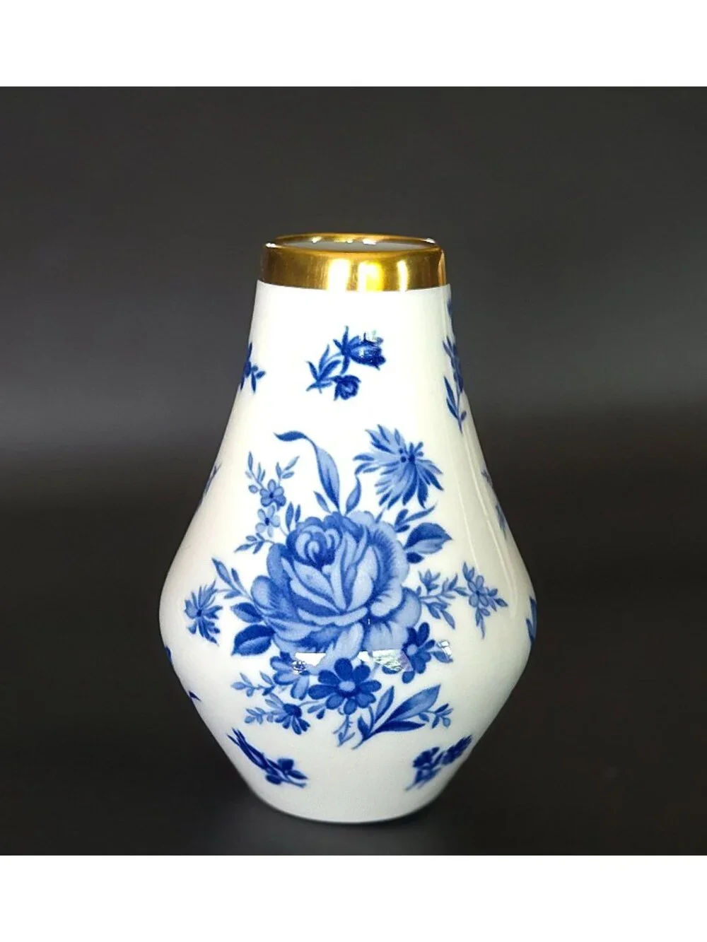 PMR Bavarian Porcelain Vase With Blue Floral Design & Gold Rim